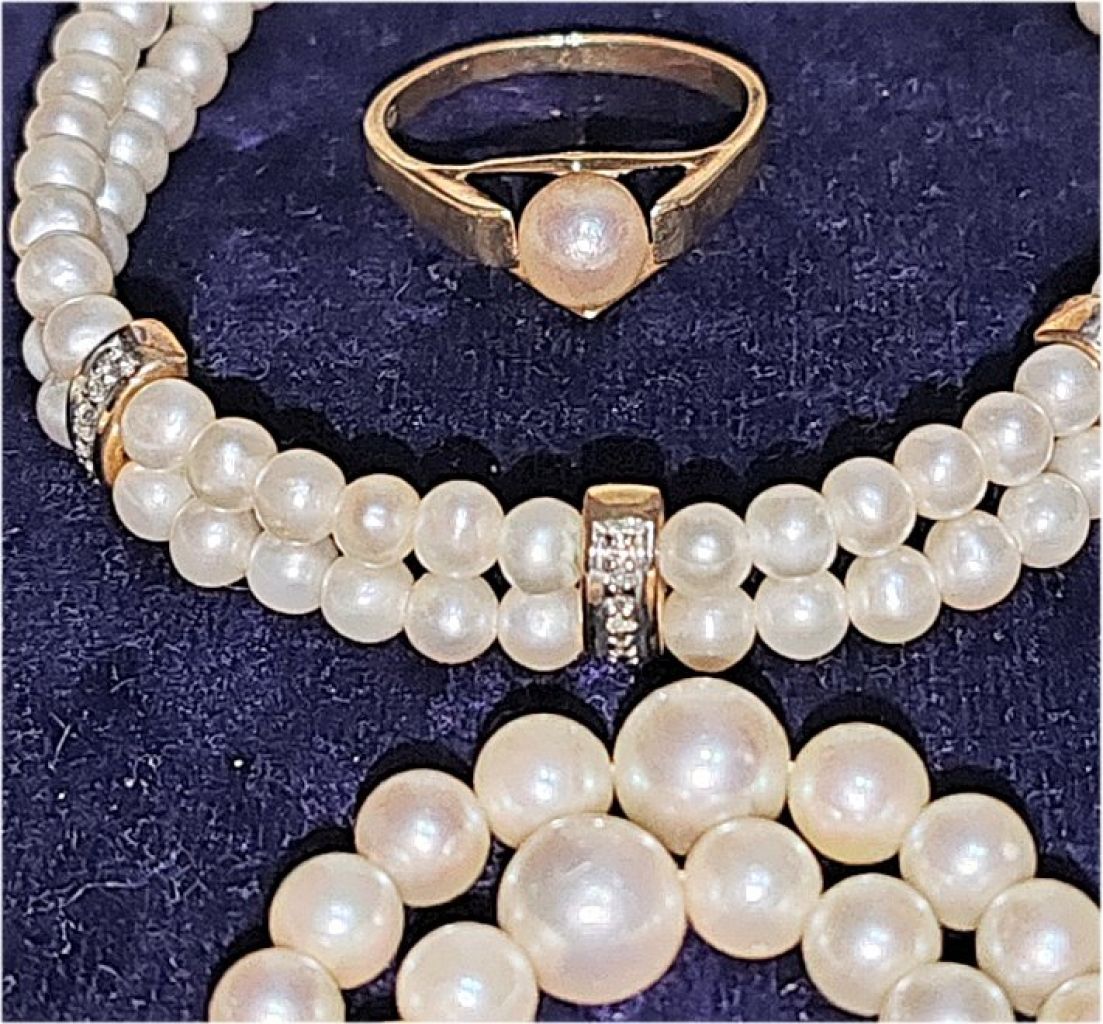 Conjunto de joyería con cuentas Akoya Collar, pulsera y anillo con plata esterlina y oro de 8K