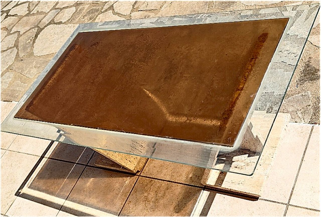 Design-Couchtisch 70er/80er Postmodern – Beton & Rauchglas – 3-in-1 Design